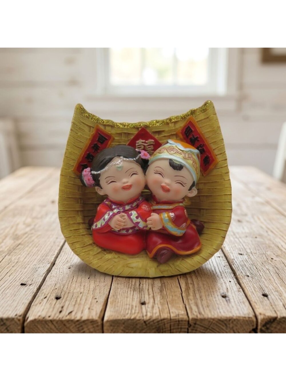 Chinese Wedding Couple Figurine Double Happiness & Pouch